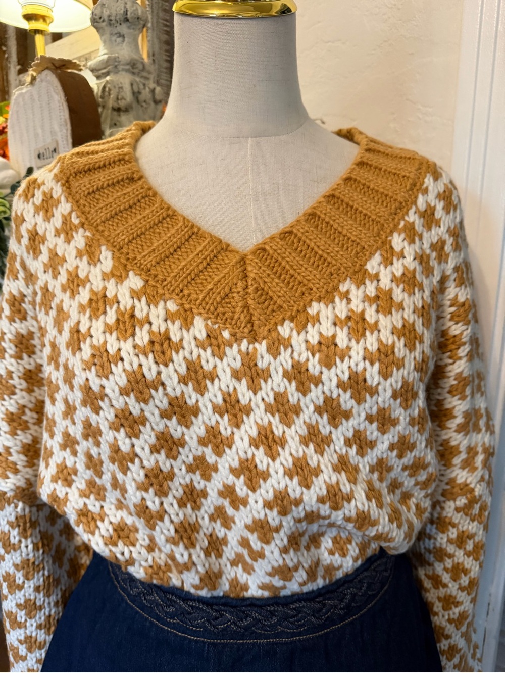 Cozy V-Neck Sweater in Mustard and Ivory - Picture 3 of 5